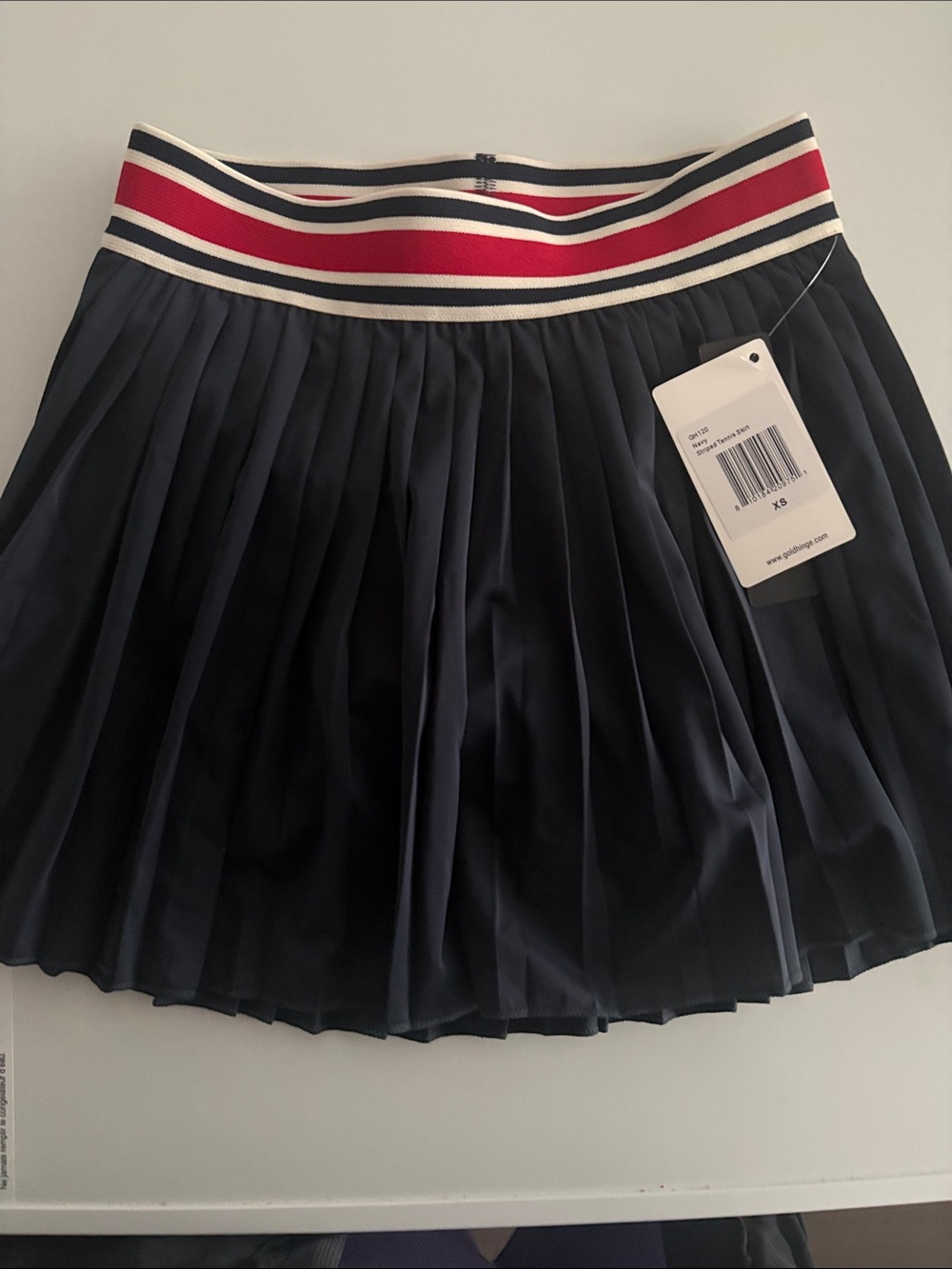 Navy Pleated Tennis Skirt with Red-Striped Elastic Waistband